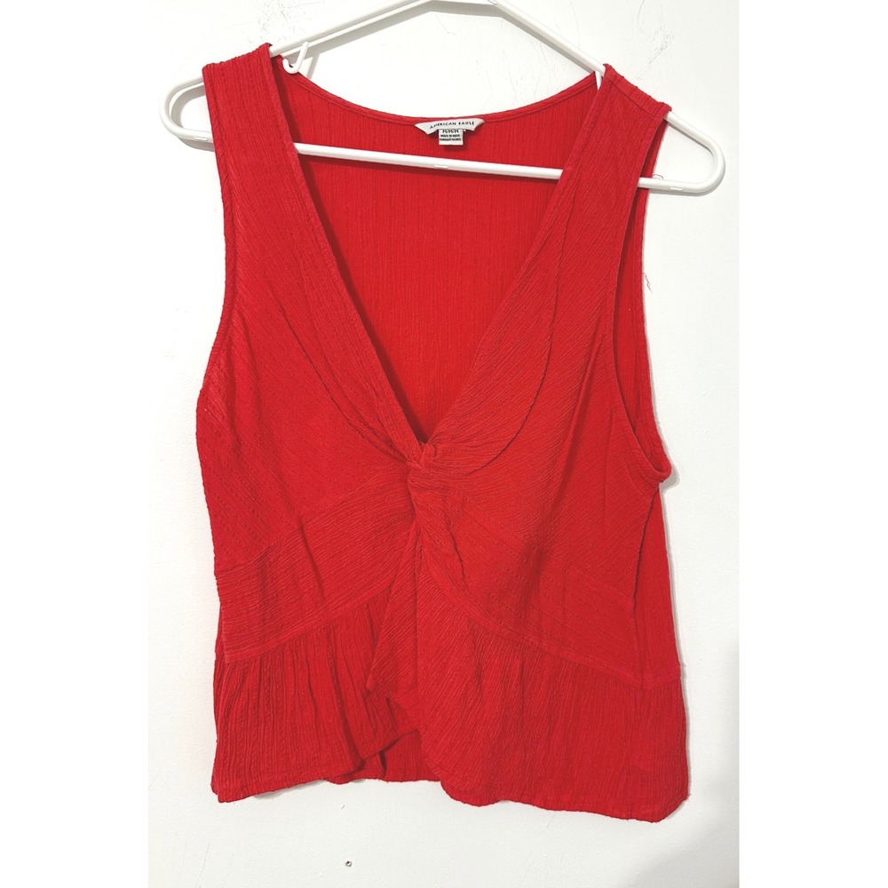 American Eagle Womens Red Crinkle Twist Front VNeck Sleeveless Peplum Top Medium